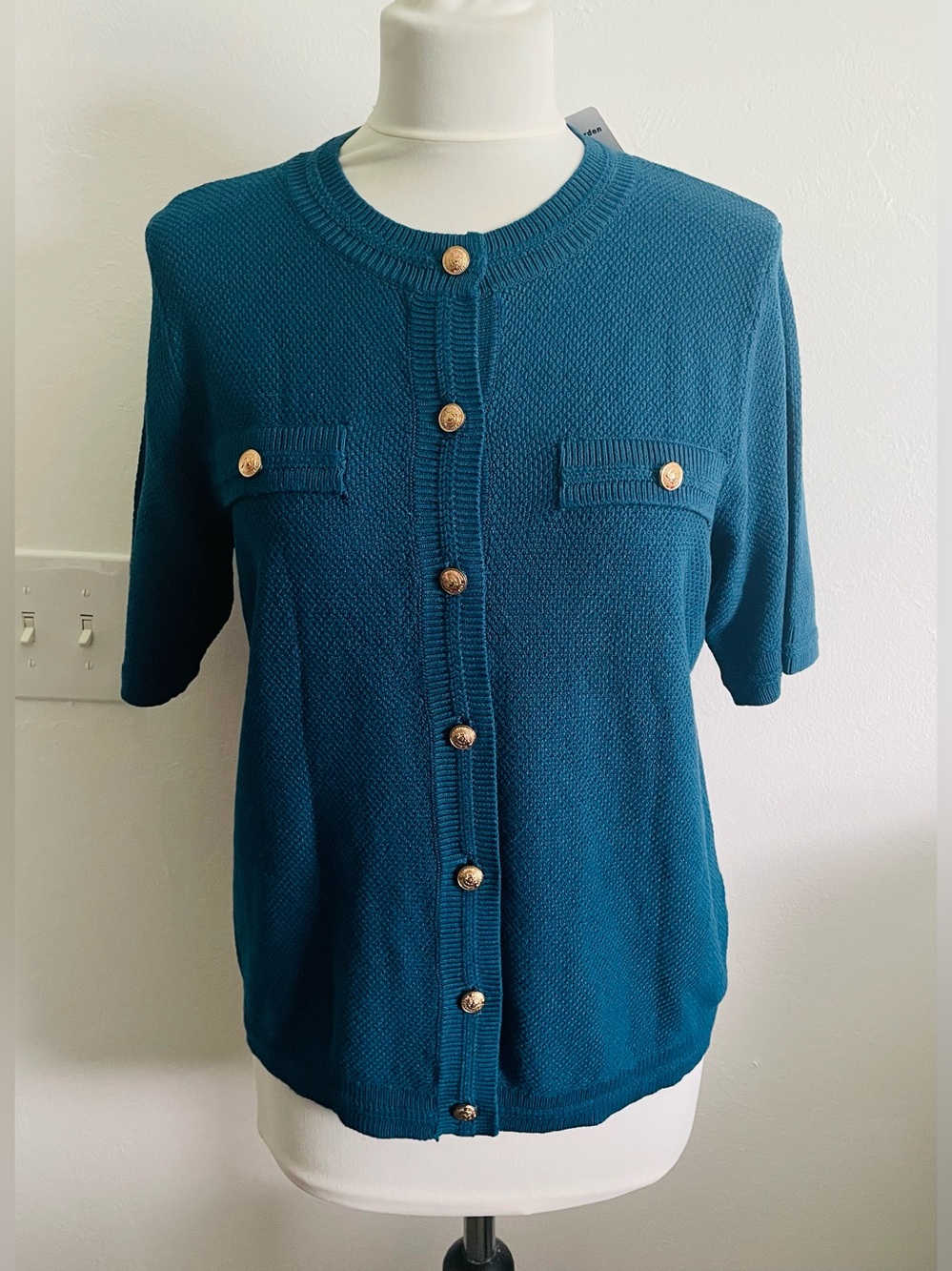 New Pretty Garden Women Knit Top Cardigan M Teal Blue Short Sleeves Quite Luxury